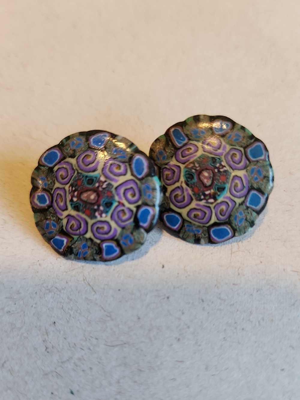 Millefiori Polymer Clay Button Earrings Blue Purple